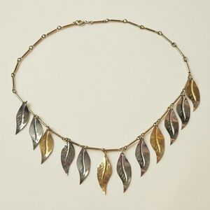 Two-Tone Vintage Boho Necklace Gold and Silver Tone Jewelry Dangle Leaf Choker